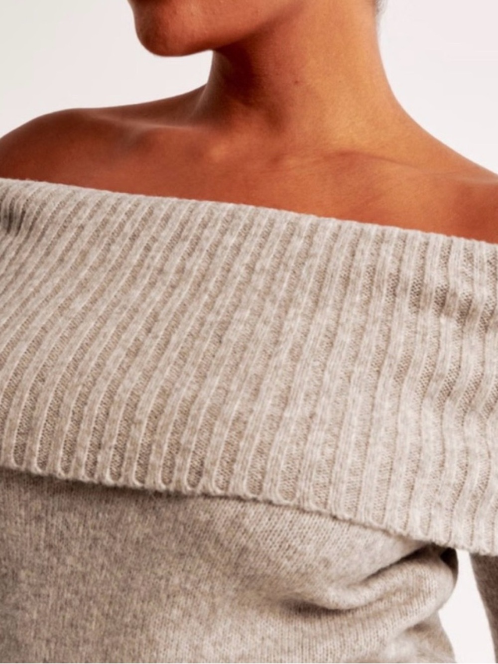 Abercrombie Off-Shoulder Ribbed Sweater in Light Beige